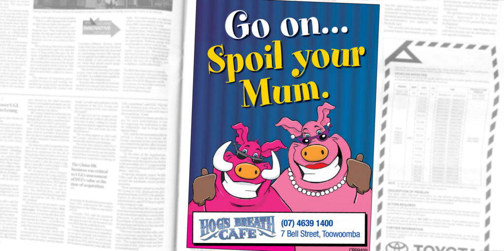 Advertisement for Hogs Breath Café featuring an illustration of the Hogster's mother