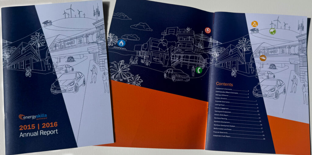 Illustration of a Queensland town with a modern rail upgrade and many different energy types